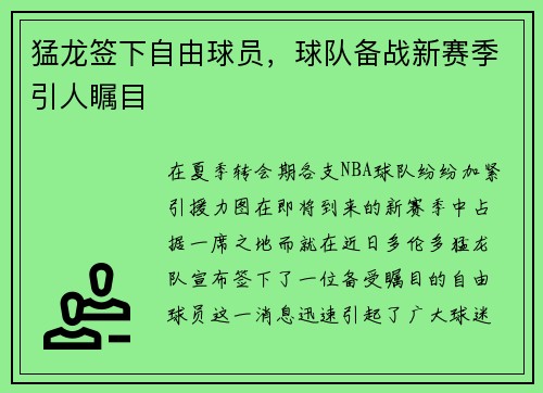 猛龙签下自由球员，球队备战新赛季引人瞩目