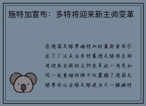 施特加宣布：多特将迎来新主帅变革