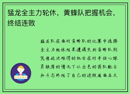 猛龙全主力轮休，黄蜂队把握机会，终结连败